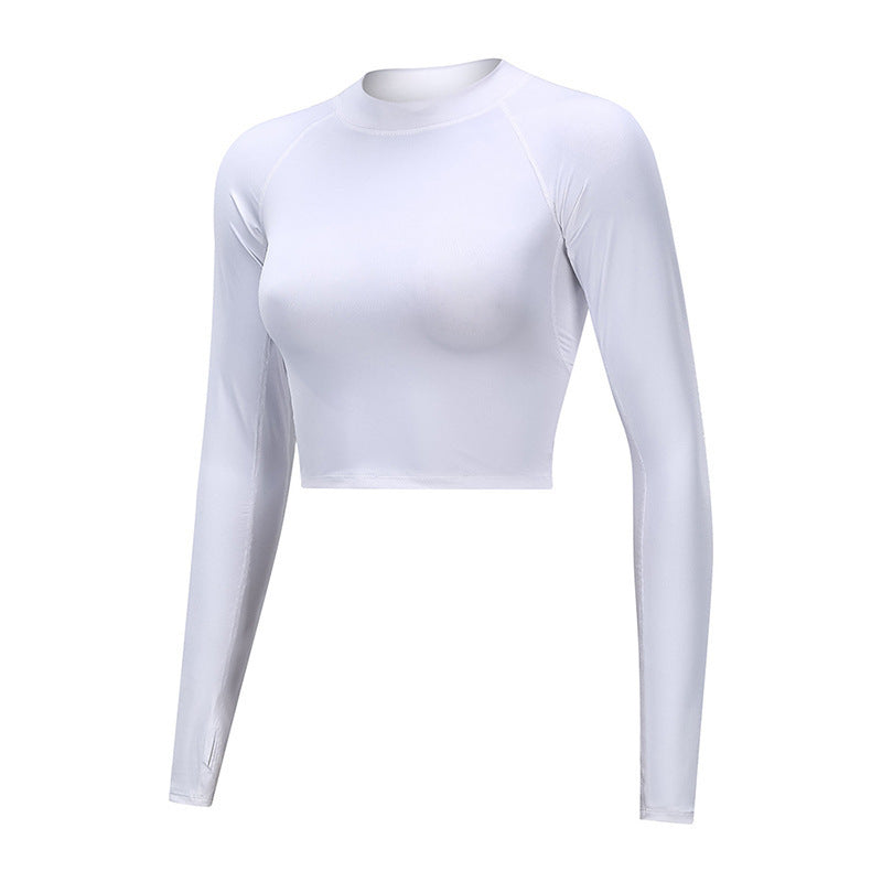 Hollowed-out back gym clothes in white, long sleeve, breathable polyester material for workout comfort.