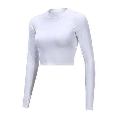 Hollowed-out back gym clothes in white, long sleeve, breathable polyester material for workout comfort.