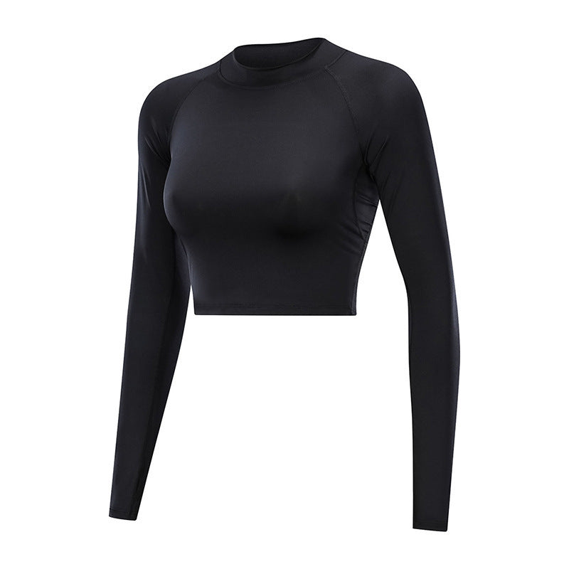 Hollowed-out back gym clothes, long sleeve black crop top made from breathable polyester fabric.